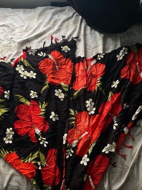 Black Floral Maxi Skirt with Red Hibiscus Print